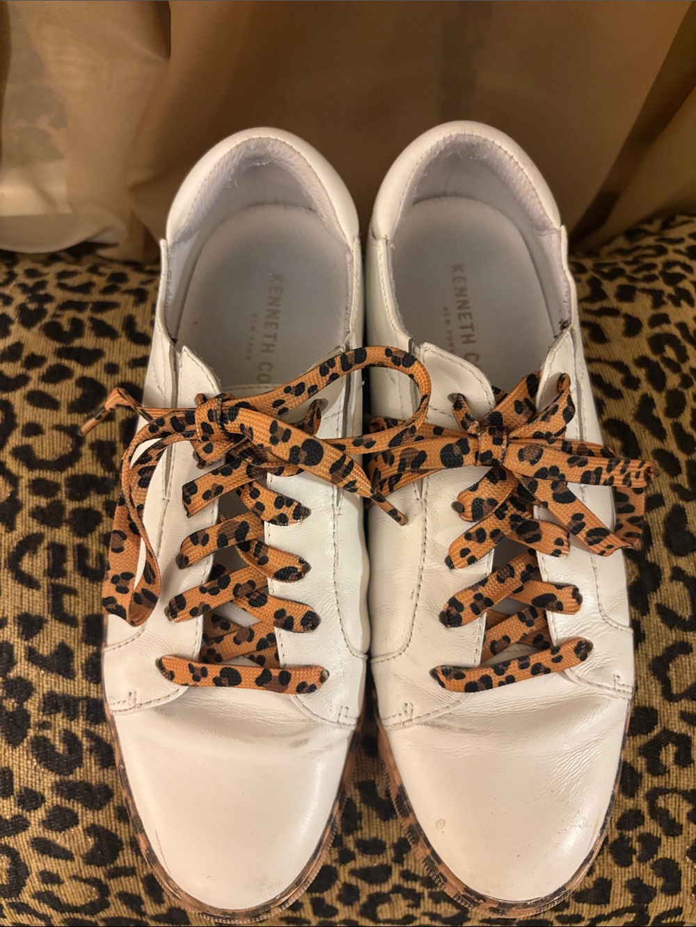 Kenneth Cole White Leather Sneakers with Leopard-Print Laces